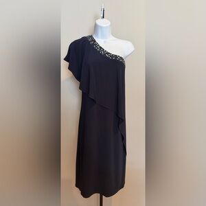 Betsy & Adam Black Asymmetrical Ruffled Cocktail Gown
